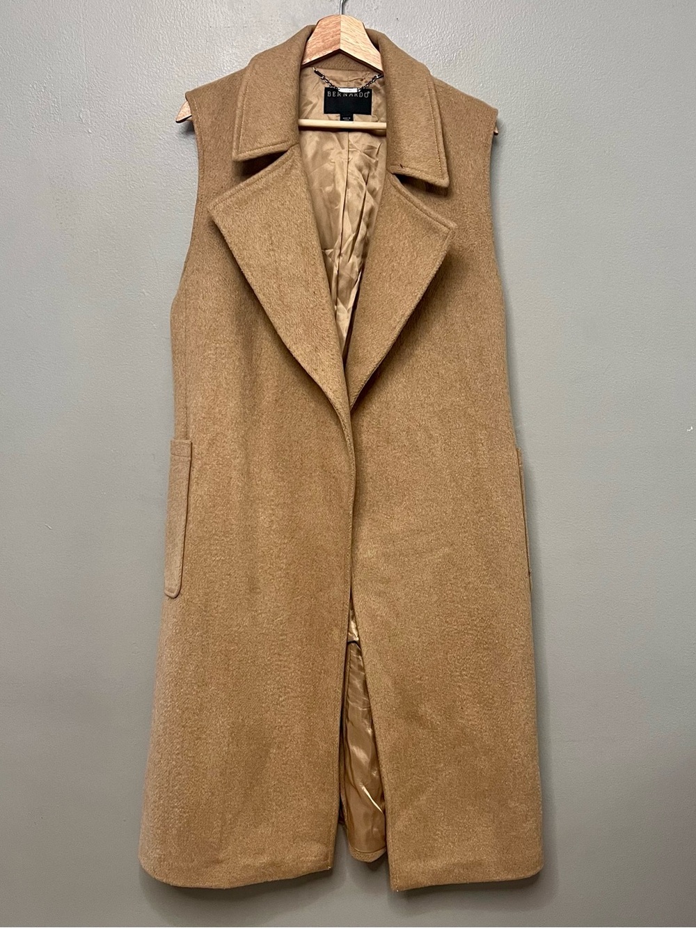 Bernardo Camel Tan Longline Vest Coat Tailored Duster Sleeveless Jacket Large